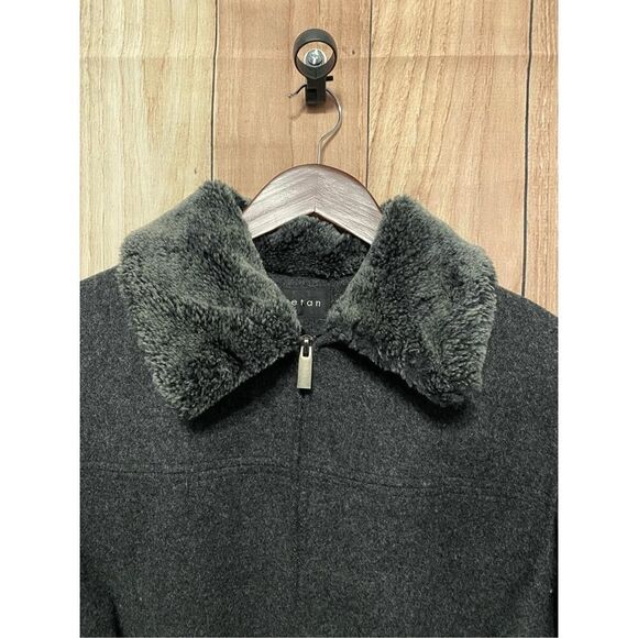 Braetan Large grey wool pea coat womens faux fur collar - Picture 3 of 9